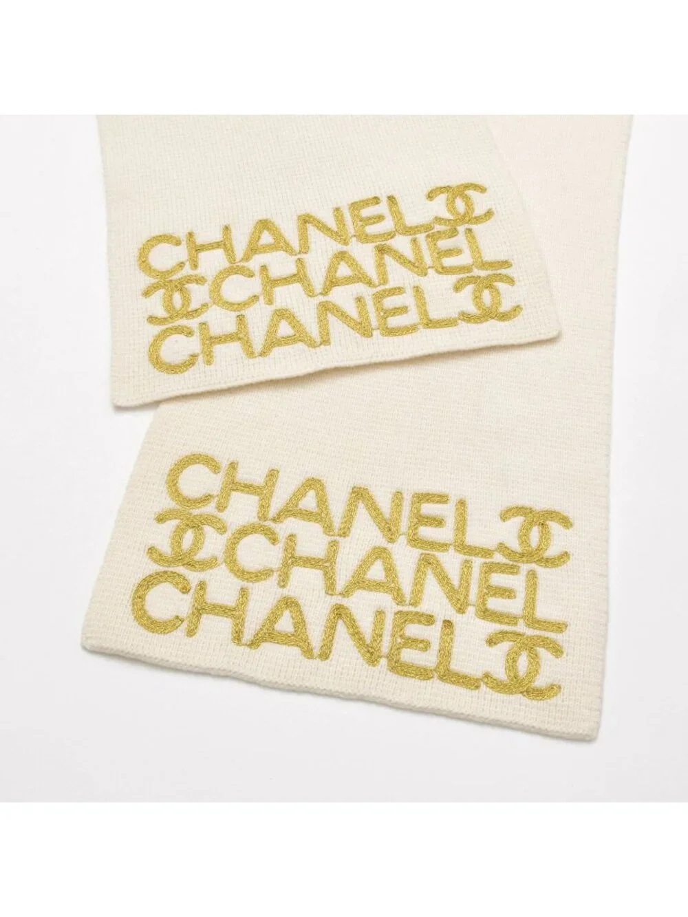 Chanel Logo Embroidery CC Scarf Tobi Quilted Pattern Wool Cashmere Ivory Gold